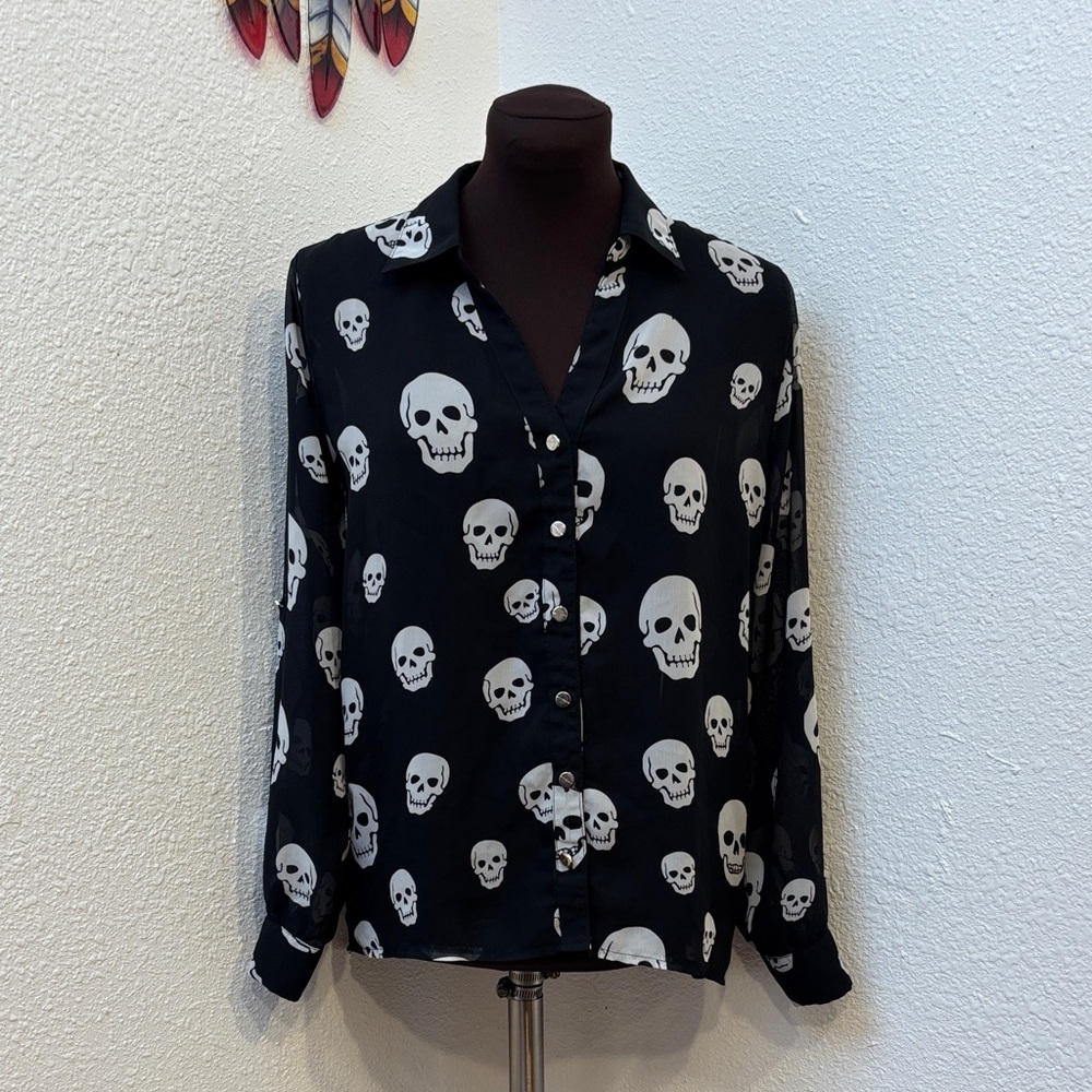 Zenana Styles black and white skull novelty semi-sheer button-up blouse. Size S.